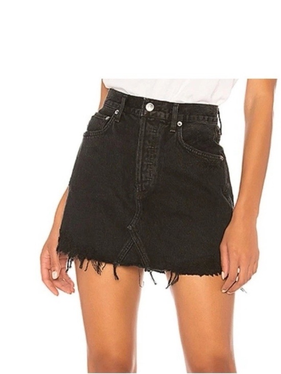 Agolde Dresses & Skirts - Agolde Mini Skirt Black Denim High Rise Raw Hem Button Front & 5 Pockets Sz 29